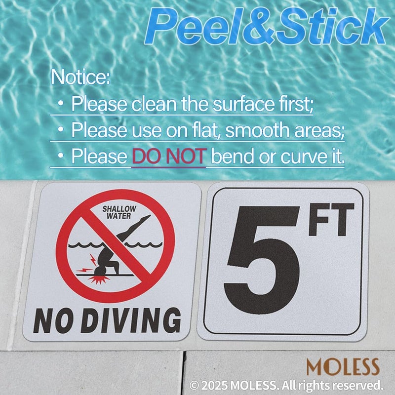 MOLESS 5FT Pool Depth Marker Stickers – 6x6″ Anti-Slip Vinyl Tile Stickers for Swimming Pool Safety Signs, Adhesive Pool Depth Markers for Decks, 5 FT (1 Pack) - Image 4